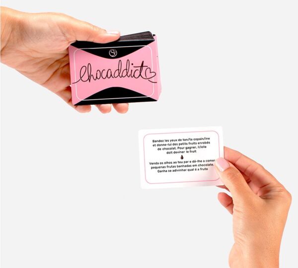 Förpackningen till det erotiska spelet Secret Play Chocaddict FR/PT med kort, ögonbindel och Body Pen med choklad