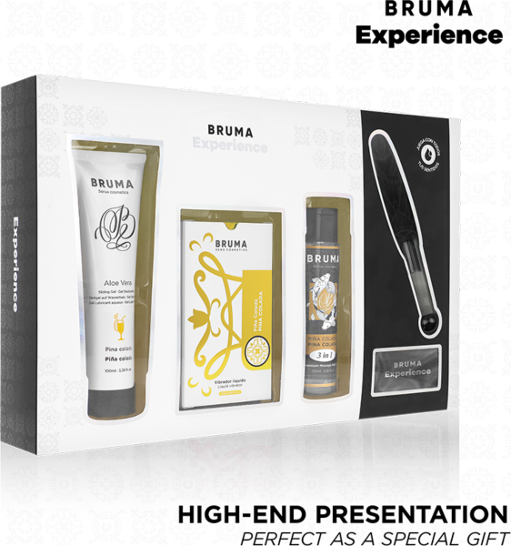 Erotiskt set Bruma Xperience Sweet Temptation med flytande vibrator, glidmedel, olja, fjäder och ögonbindel