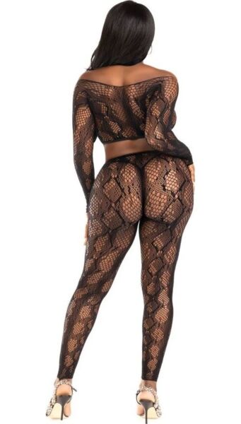 Leg Avenue Cold Blooded 89373 lingerieset med långärmad crop top och fotlösa strumpbyxor i svart nät med ormskinnsmönster