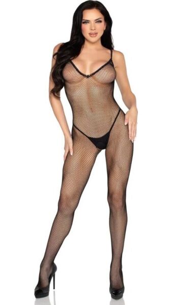 Bodystocking Leg Avenue 89375 i svart nät med virkad finish och öppning i grenen