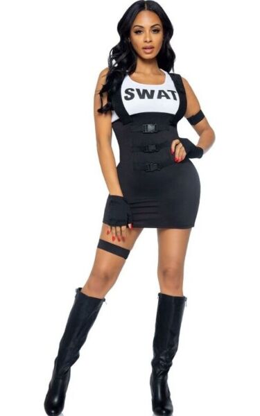 Poliskostym Leg Avenue Sultry SWAT Officer i svart, med klänning, handskar, armband och strumpeband