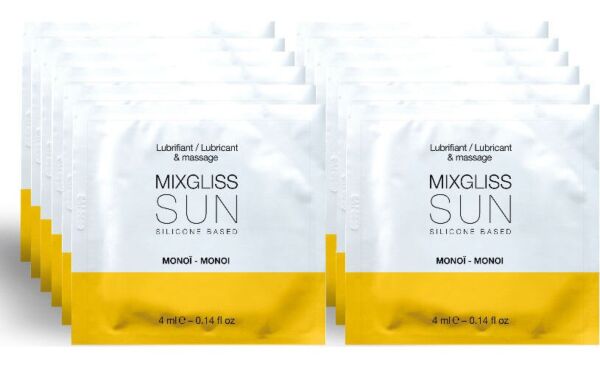 Ask med 12 engångsdoser av det silikonbaserade glidmedlet Mixgliss Sun Monoi