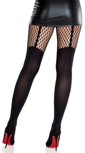 Svarta strumpbyxor från Leg Avenue Jett Garter Illusion, täta och med nät på låret som ser ut som strumpebandshållare