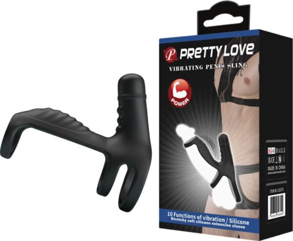 Svart elastisk Pretty Love Vibrating Penis Sling med ringbas och räfflor