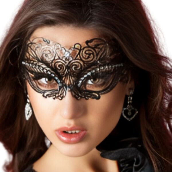 Mask i metall Chilirose CR 3706 i svart, med glittrande kristaller och satinband