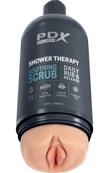 Masturbator PDX Plus Shower Therapy Soothing Scrub formad som en shampoflaska
