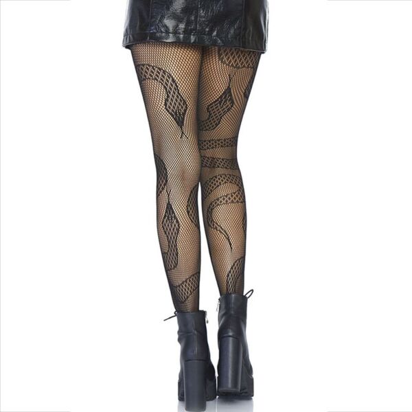 Svarta nätstrumpbyxor Leg Avenue Snake Net Tights med spetsormar på nätet