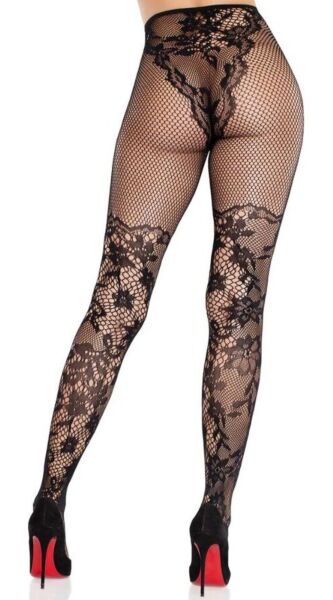 Strumpbyxor i spets Leg Avenue Dahlia Lace Tights i svart, med blommig spets och nät på låret