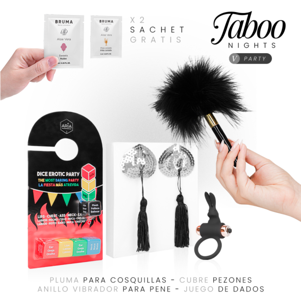 Erotiskt set Taboo Nights 5: Party med tärningsspel, vibrerande penisring, bröstvårtsskydd, fjädervisp och glidgeléer