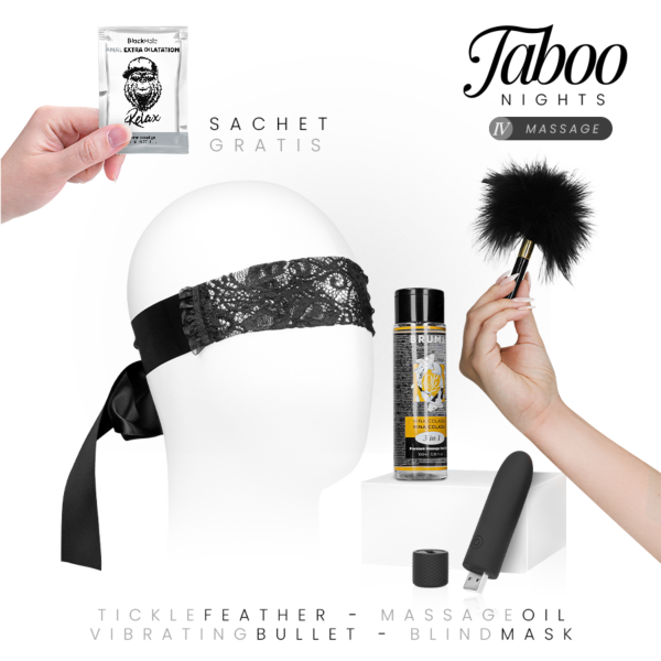 Taboo Nights 4 Massage massagekit med Bruma-olja, Geri-kulvibrator, ögonbindel, fjäder och Black Hole-analgel