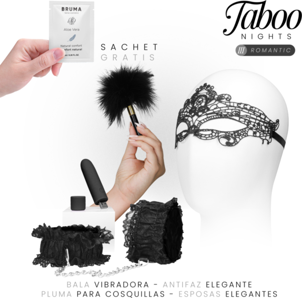 Setet Taboo Nights 3 Romantic Dreamkit med ögonbindel, kulvibrator, svarta handledsband i spets, fjädrar och glidgel