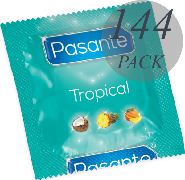 Ask med 144 kondomer Pasante Tropical med smak av mango, ananas och kokos