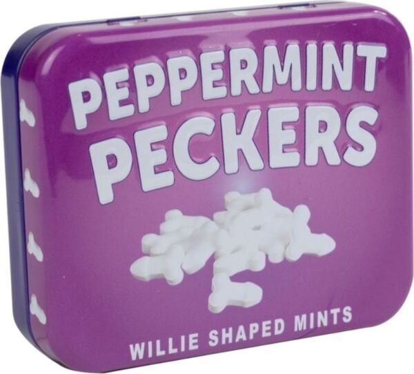 Burk med mintgodis Peppermint Peckers 30 g från Spencer & Fleetwood, med godisar i form av en penis
