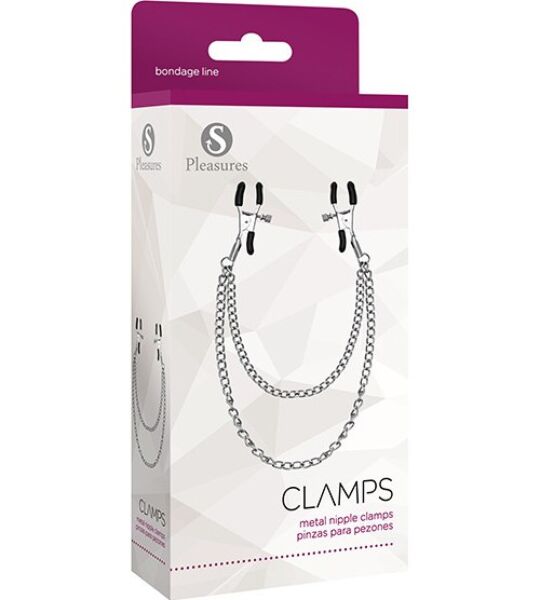 Silverfärgade nippelklämmor S Pleasures Metal Nipple Clamps förbundna med en kedja