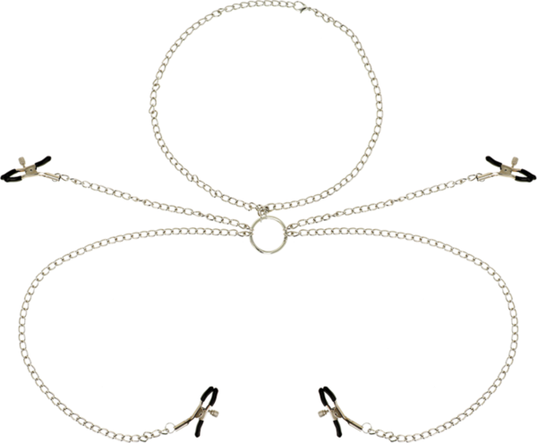 Nippelklämmor Ohmama Fetish med halsband, med fyra klämmor och kedjor som samlas i en ring