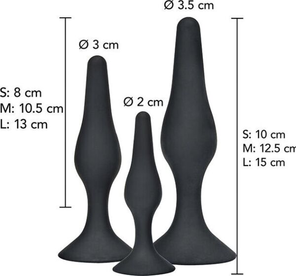 Tre ToyJoy Curvy Companions Kit-analpluggar i olika storlekar, med böjd form och bred bas
