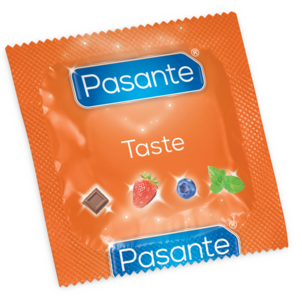 Förpackning med 144 smaksatta kondomer från Pasante Taste