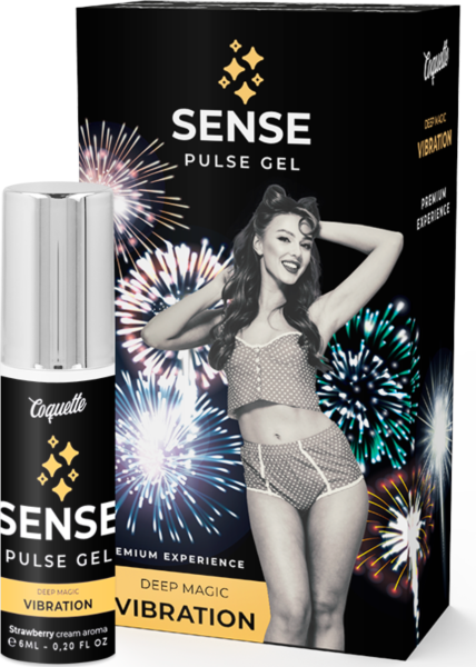 Flytande vibrator Coquette Chic Desire Sense Pulse Gel i sin förpackning med spraypump