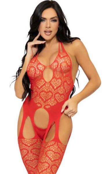 Bodystocking Leg Avenue Love Hangover i hjärtnät, med halterneck-topp och strumpebandshållare