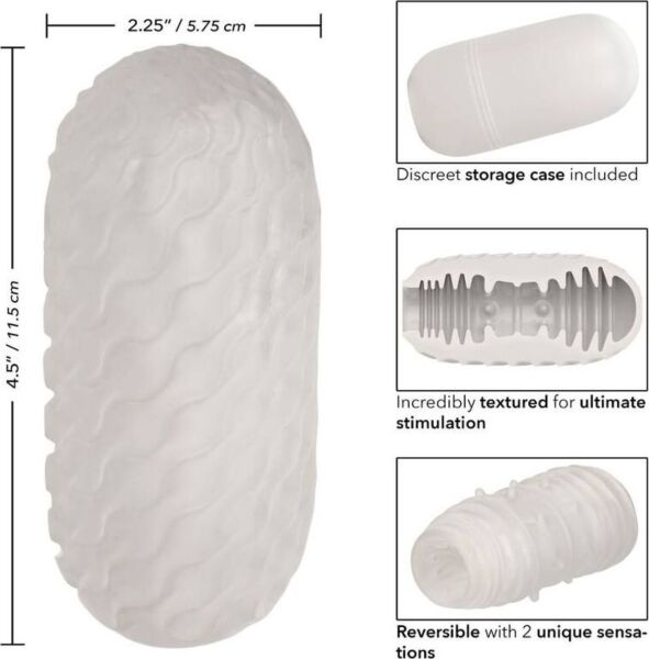 Vit masturbator CalExotics Boundless Reversible Ribbed Stroker bredvid sitt fodral