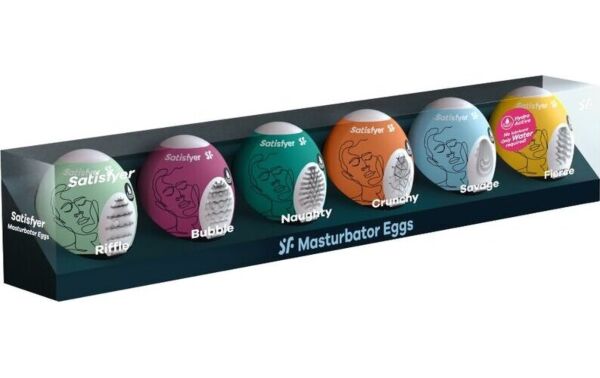 De sex masturbatorägg som ingår i Satisfyer Masturbator Egg Set 6-pack, alla i olika färger