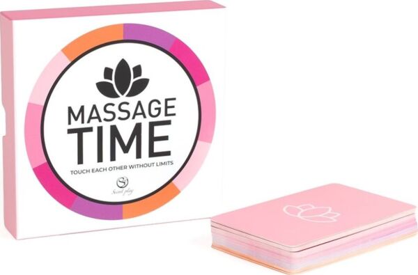 Förpackningen till massagespelet för par Secret Play Massage Time, med kort och tärning