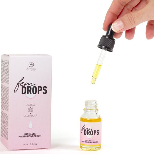 Flaska med droppare med det återfuktande intimserumet Secret Play Fem Drops, 15 ml