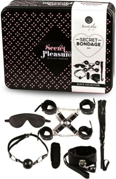 Bondageset Secret Play Secret Bondage 8 delar svart, med handbojor, piska, gag, ögonmask, halsband och rep