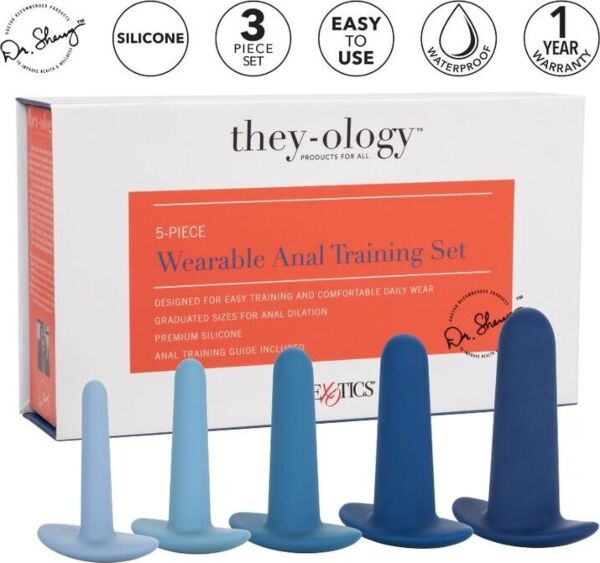 Set med analtränare CalExotics They-ology 5 delar, med de fem blå delarna ordnade efter storlek