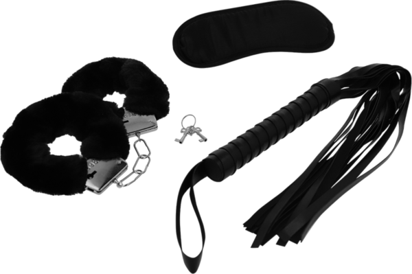 Bondageset Intense Fetish med handbojor, ögonbindel och piska