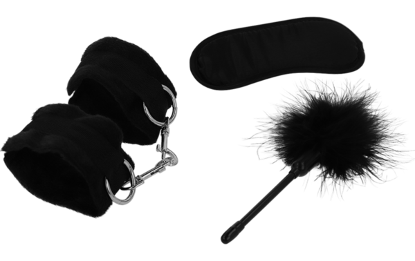 Bondageset Intense Fetish med handbojor, ögonbindel och fjädervisp