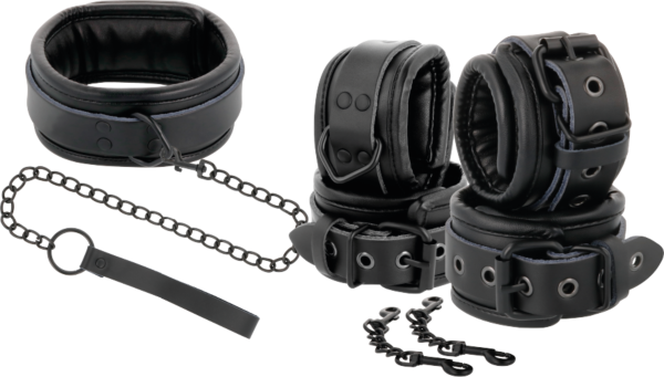 Bondageset Darkness i läder med halsband, handbojor och koppel