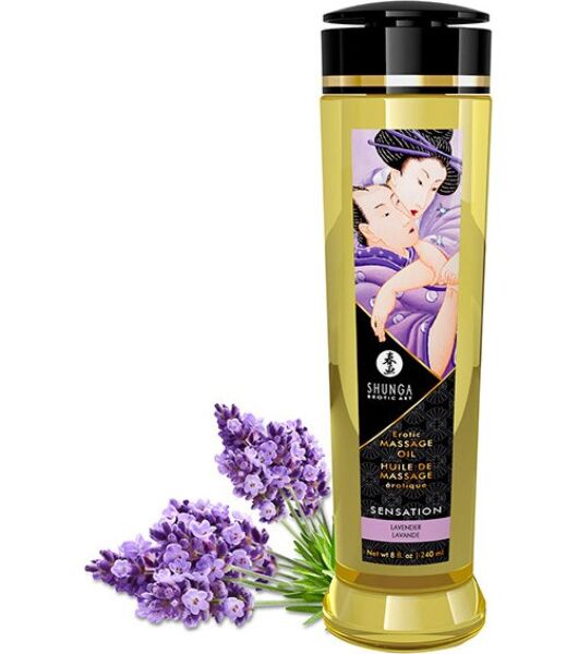 Massageolja Shunga Erotic Massage Oil på 240 ml i sin transparenta flaska