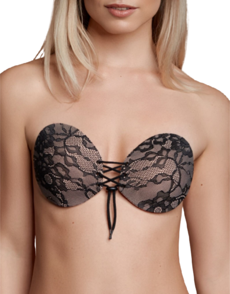 Självhäftande bh Bye Bra Round Lace-it med två koppar och snörning fram