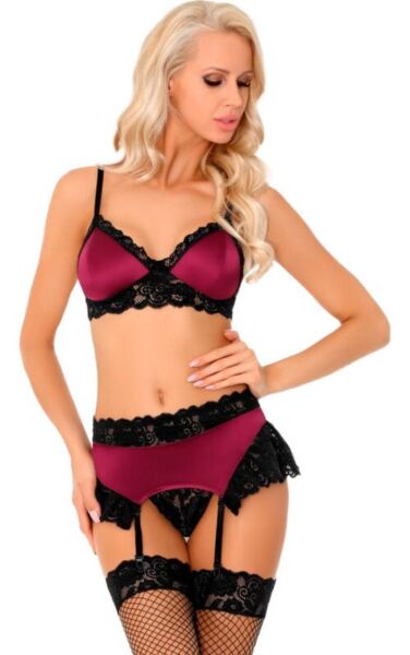 Lingerieset Livco Corsetti i vinrött och svart, med bh, strumpebandshållare och stringtrosa
