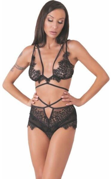 Lingerieset Livco Corsetti Dresden med svart bh och svarta hipstertrosor med guldfärgade spännen
