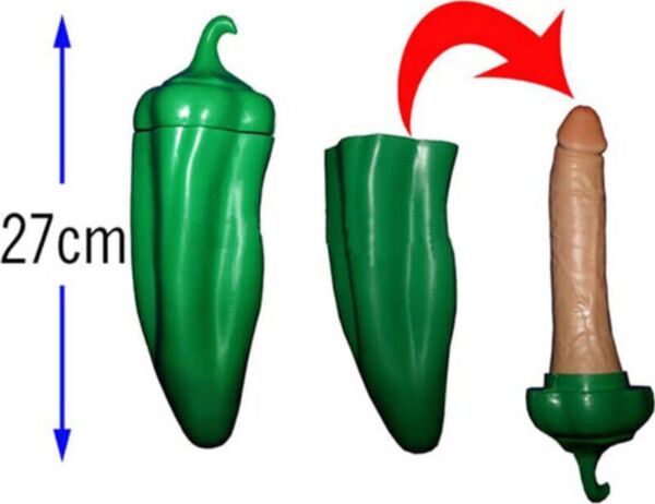 Skämtartikeln Diablo Picante Penis Green Pepper, en grön paprika i plast med en överraskning i form av en penis