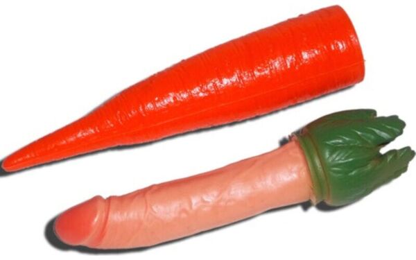 Skämtartikeln Diablo Picante Penis Carrot, en plastmorot med en gömd penis inuti