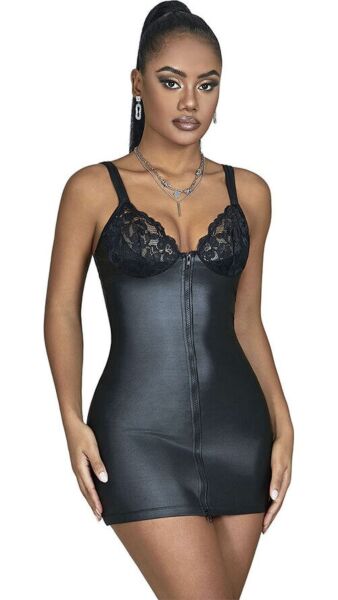 Lingerie Subblime Black PU Leather Lace Zipper i svart, med konstläder, blommig spets och dragkedja fram