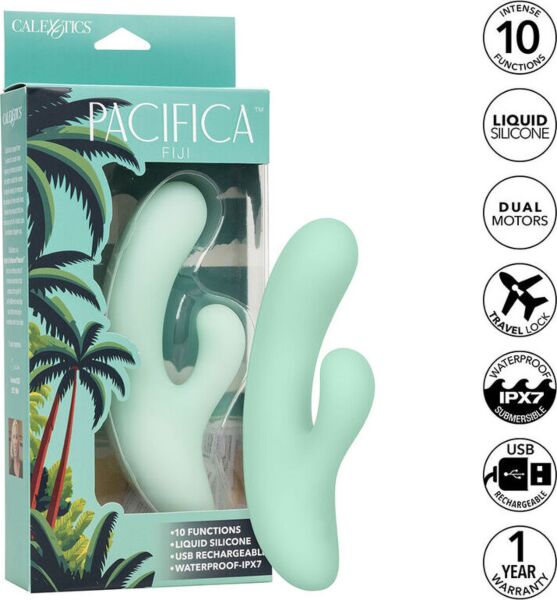 G-punktsvibrator CalExotics Pacifica Fiji i genomskinlig grön silikon, med kurvat skaft och extra stimulator
