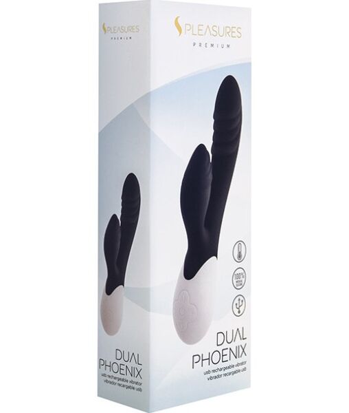 Rabbitvibrator S Pleasures Dual Phoenix i svart, med armen för klitoris
