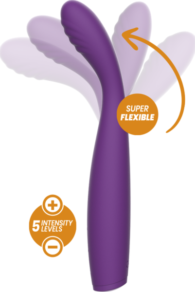 Flexibel vibrator Rewolution Rewostim i silikon, med handtag och böjd spets