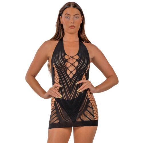 Sexig Lingerie Lace Halterneck Klänning med Faux Up Front