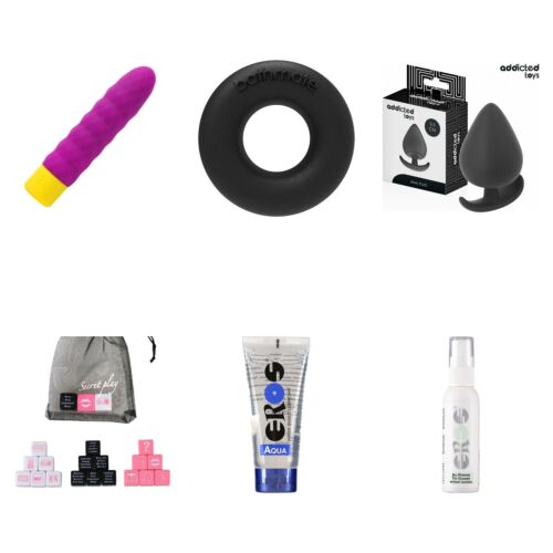 Grundkit med sexleksaker: minivibrator, penisring, analplugg och tärningar