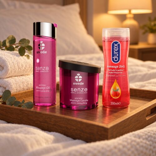 Kit för erotisk massage med olja, massageljus och 2-i-1-gel – stämningsbild (AI-genererad bild)