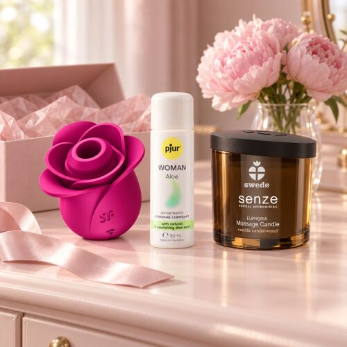 Presentkit till henne med Satisfyer Pro 2 och massageljus – stämningsbild (AI-genererad bild)