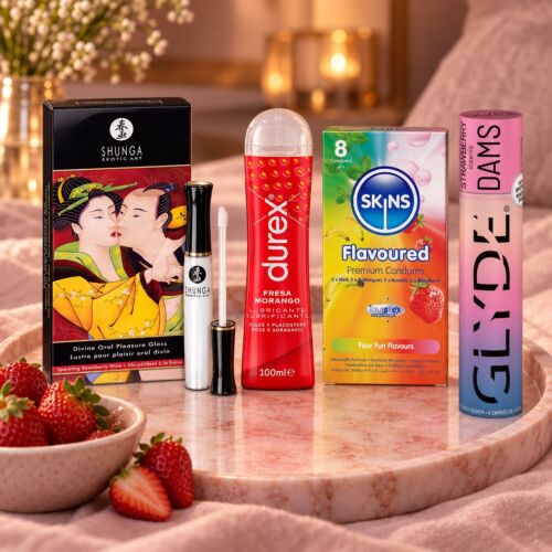 Oralsexkit med läppglans, glidmedel och kondomer med smak – stämningsbild (AI-genererad bild)