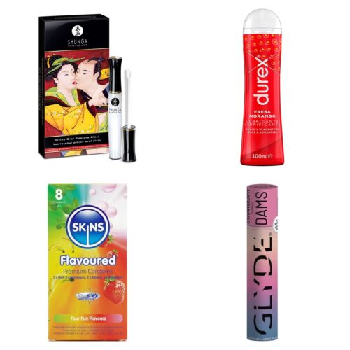 Oralsexkit med läppglans, glidmedel och kondomer med smak