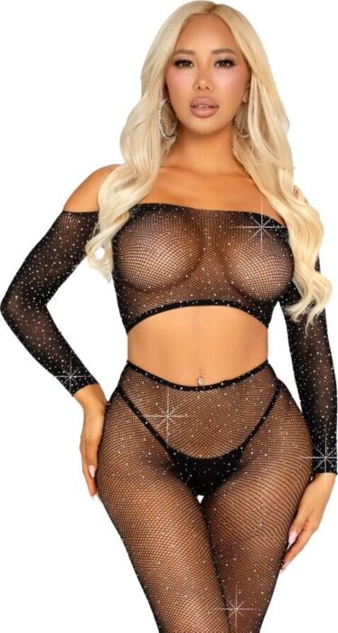 Crop Top y Legging Leg Avenue Rejilla con Brillantes Crop Top y Legging Leg Avenue Rejilla con Brillantes