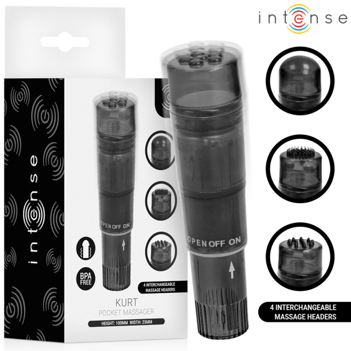 Massagevibrator INTENSE FUN TOYS KURT MINI svart med fyra utbytbara huvuden